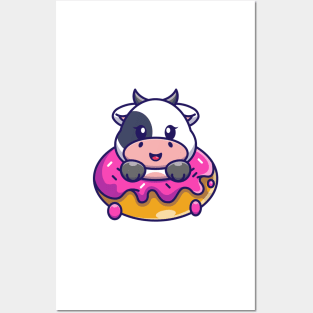 Cute baby cow with doughnut cartoon Posters and Art